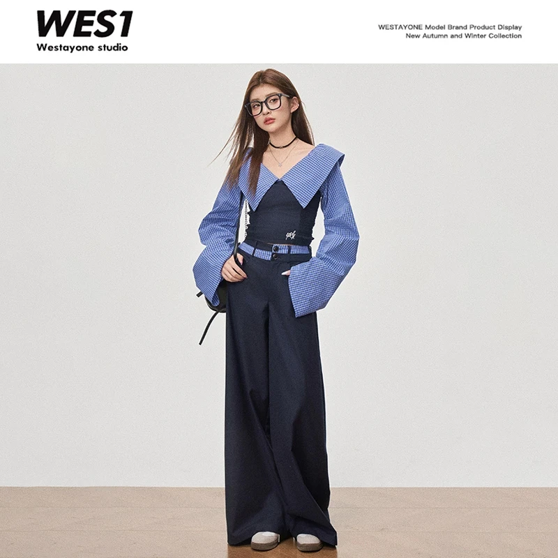 WESTAYONE 一字肩假两件衬衫/藏青色双腰阔腿裤时尚两件套套裤