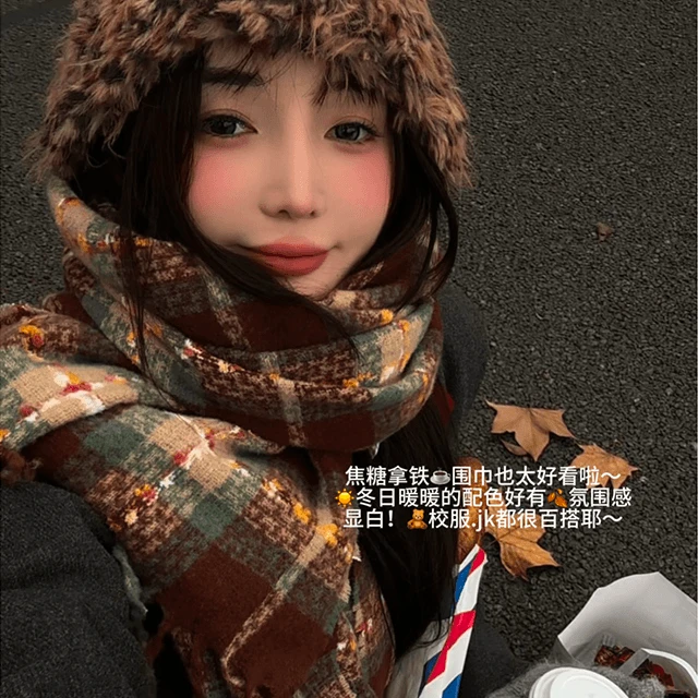 围巾女2025新款冬季复古气质绒千鸟格保暖披肩加厚高级感学生围脖