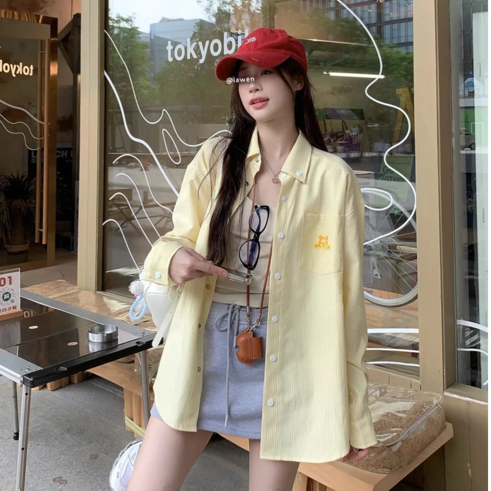 2025新款春季宽松刺绣条纹简约通勤衬衫女翻领长袖设计感防晒衬衣