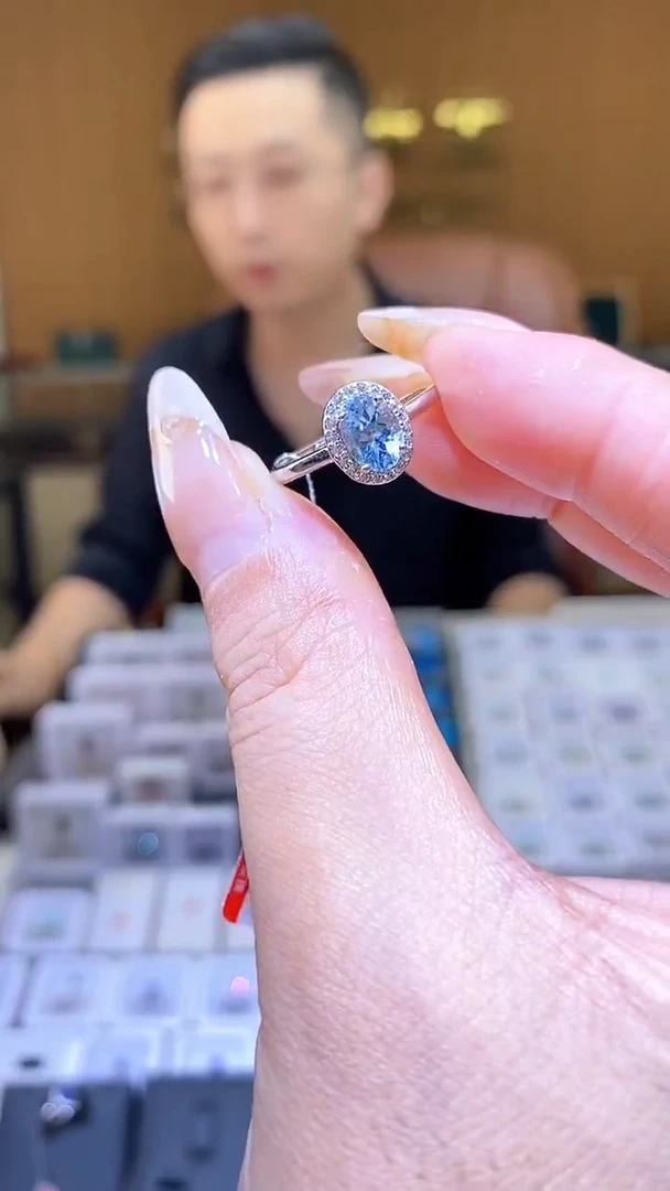银S925镶嵌戒指海蓝宝石天然海蓝宝戒指