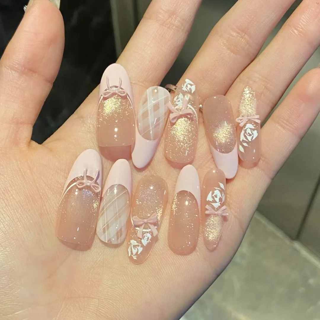 半手工猫眼手工穿戴法式蝴蝶结显白气质指甲贴片高级可拆卸美甲