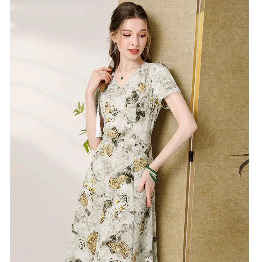 夏季新款时尚减龄新中式印花褶皱设计显瘦连衣裙X088
