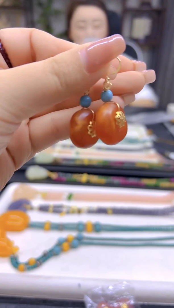 14K金镶嵌蜜蜡耳饰DIY款E65