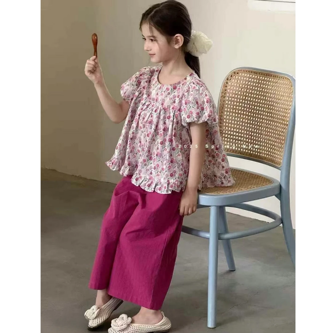 【豪宝贝】2025夏款满印泡泡袖花衫纯色休闲裤套装1115