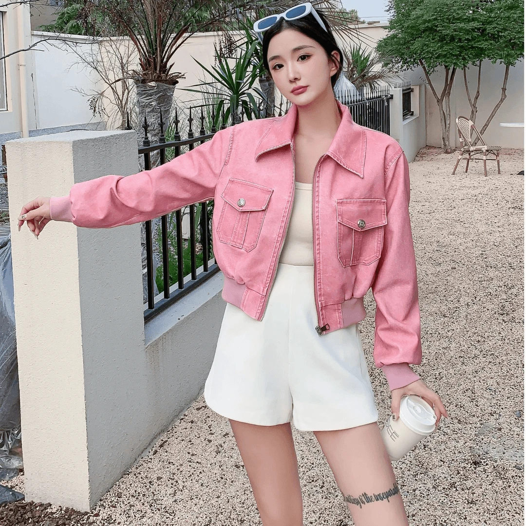 高端2025韩版春秋短款时尚休闲百搭复古春季长袖皮衣设计感2408