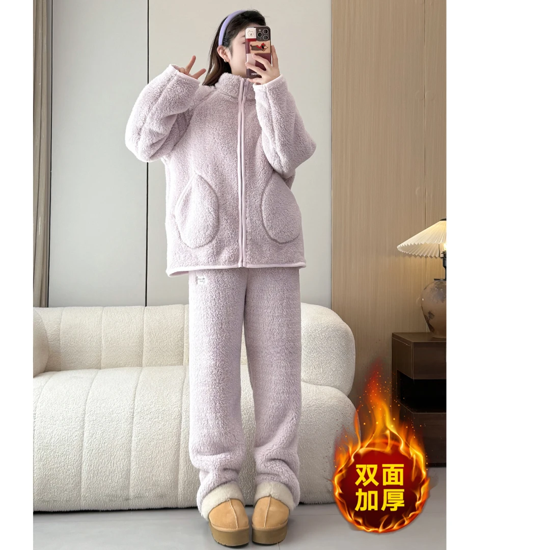 双面珊瑚绒睡衣女2025冬季新款加绒加厚宽松可外穿两件套保暖睡衣