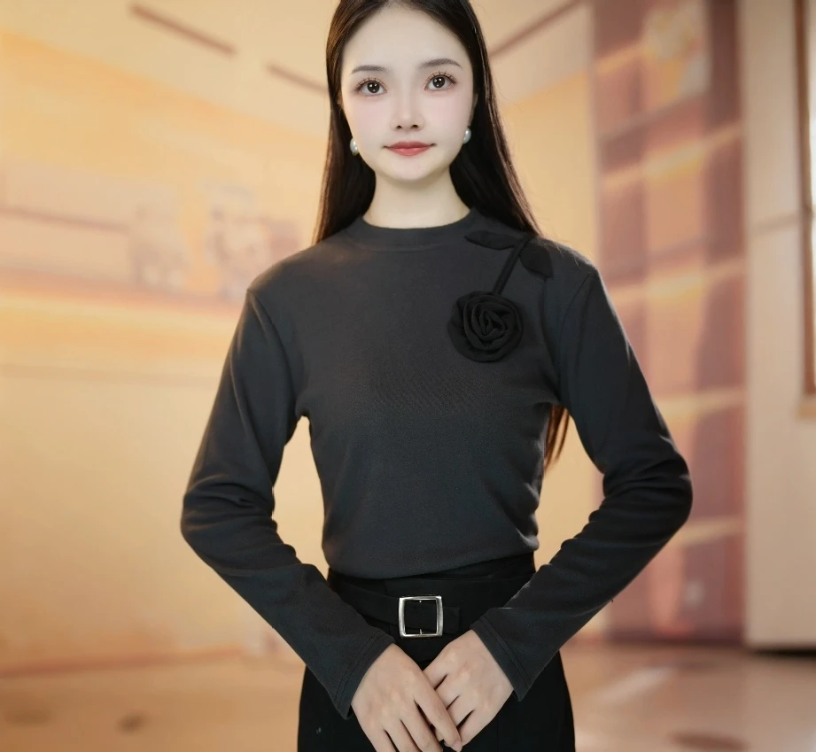 2025秋冬新款立体设计感玫瑰花百搭长袖休闲百搭圆领T恤小衫女