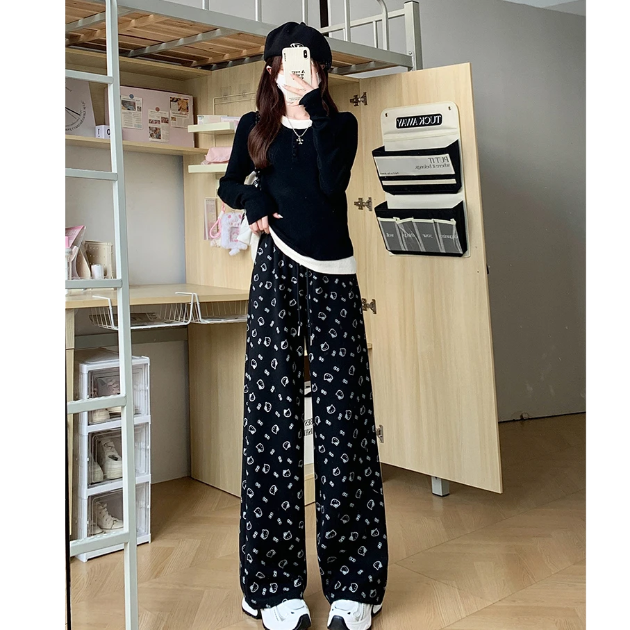 kitty猫印花阔腿裤女春秋慵懒风宽松休闲裤韩版运动拖地直筒长裤
