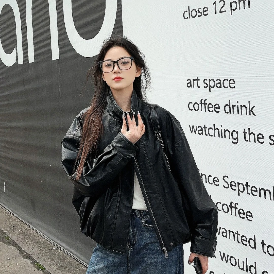 妮妮 短款机车皮衣女2025春季新款韩版时尚宽松休闲立领外套25006