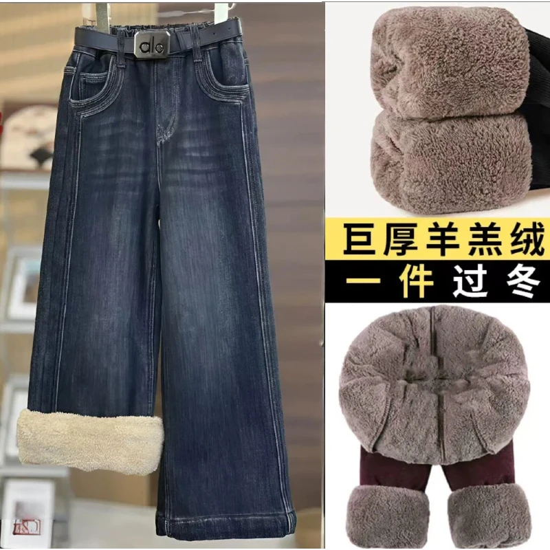 女童加绒牛仔裤冬季一体绒一条过冬松紧腰韩版长裤中大童裤子