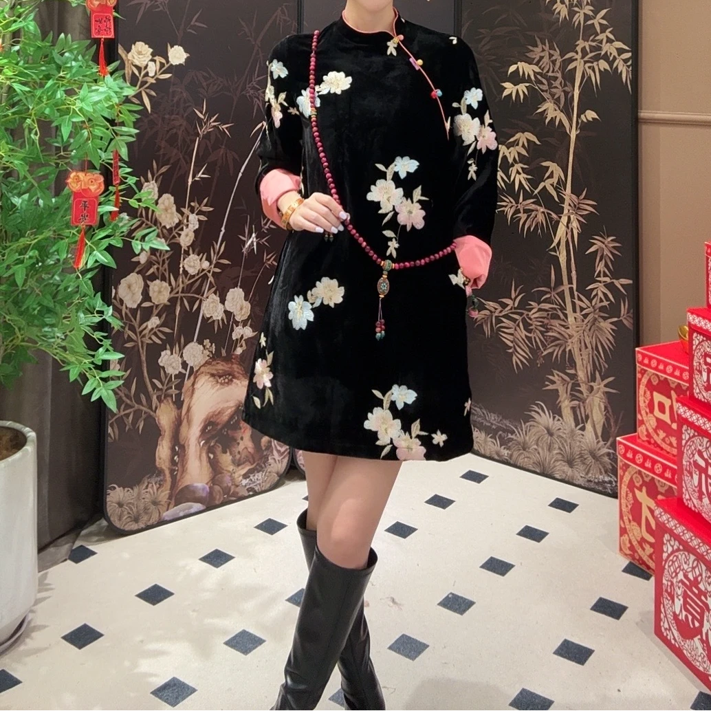 现货【繁花似锦】连衣裙2025新款新中式真丝丝绒重工刺绣QL201