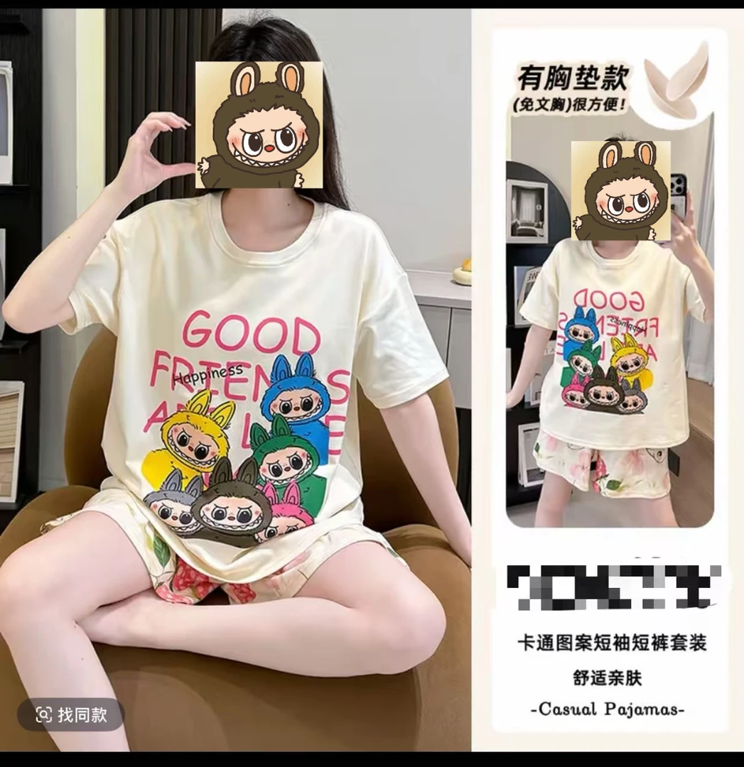 2025夏季舒适短袖休闲短裤自带胸垫可外穿韩版睡衣圆领家居服套装