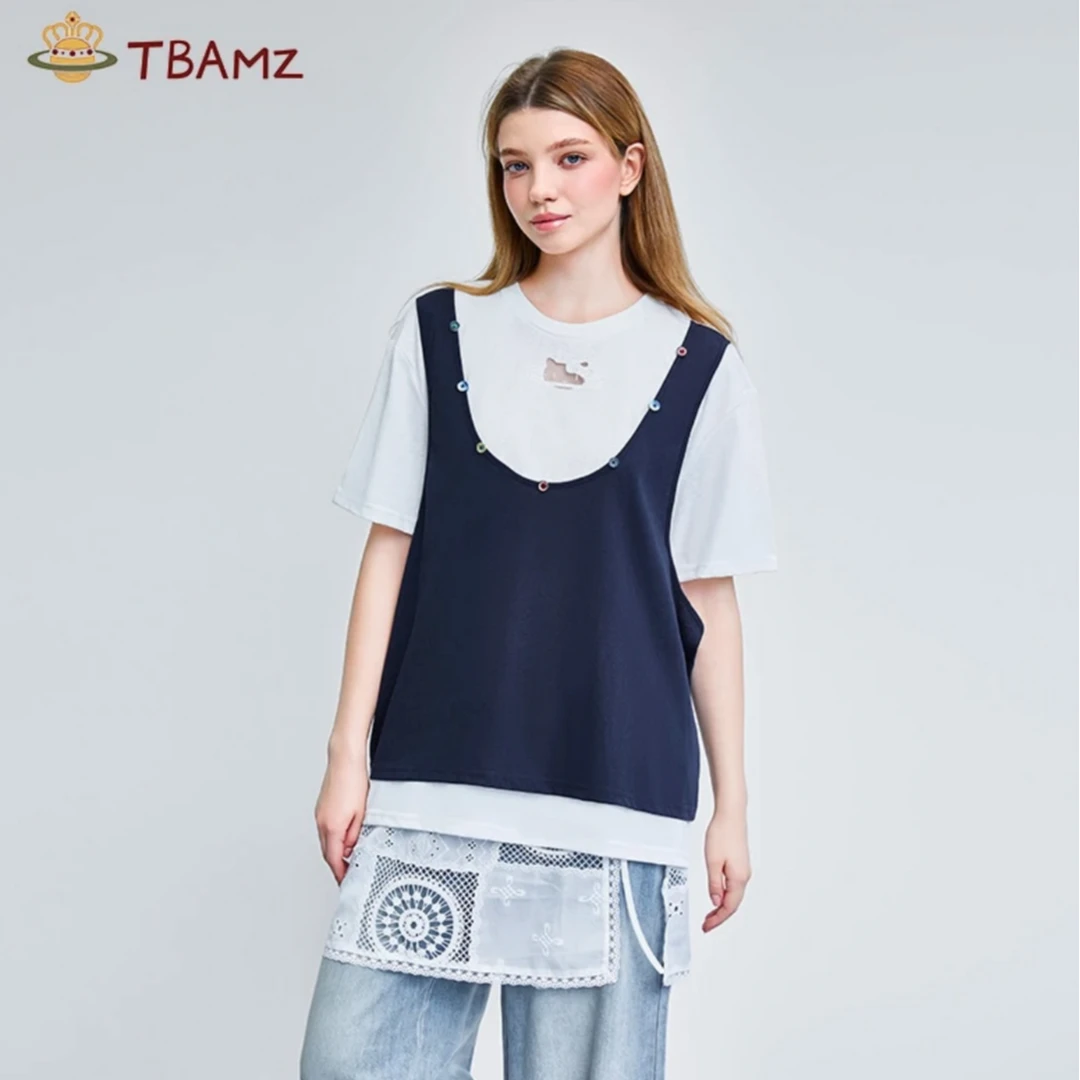 TBAMZ 镂空刺绣彩色贝壳装饰假两件短袖T 7225T412