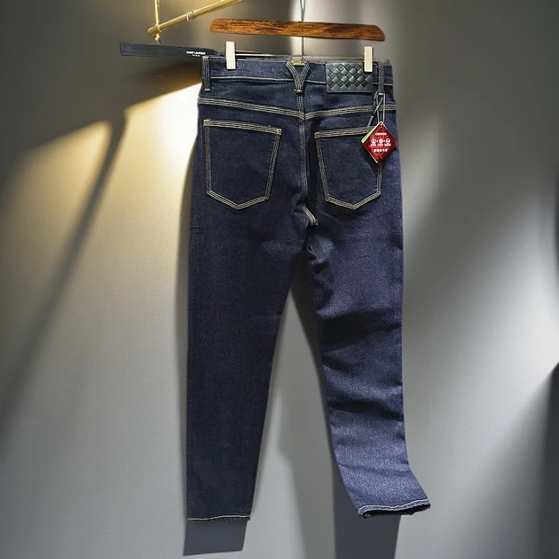 轻奢特深蓝防褪色原牛高端修身小直筒牛仔裤男士秋冬厚款弹力01
