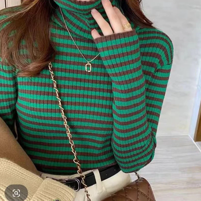 【堆堆领打底】016条纹拼色针织打底衫