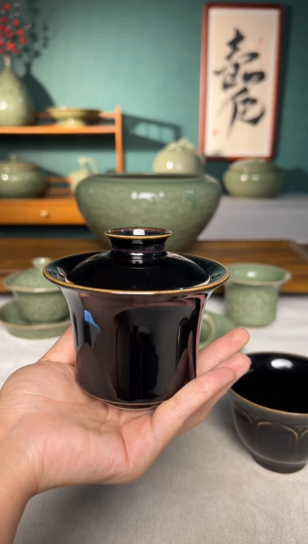 其他耀州窑原矿黒釉马蹄两财盖碗
