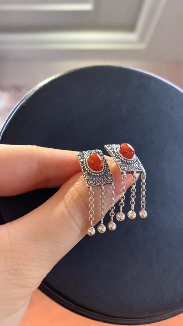 银S925镶嵌南红玛瑙挂件南红耳坠