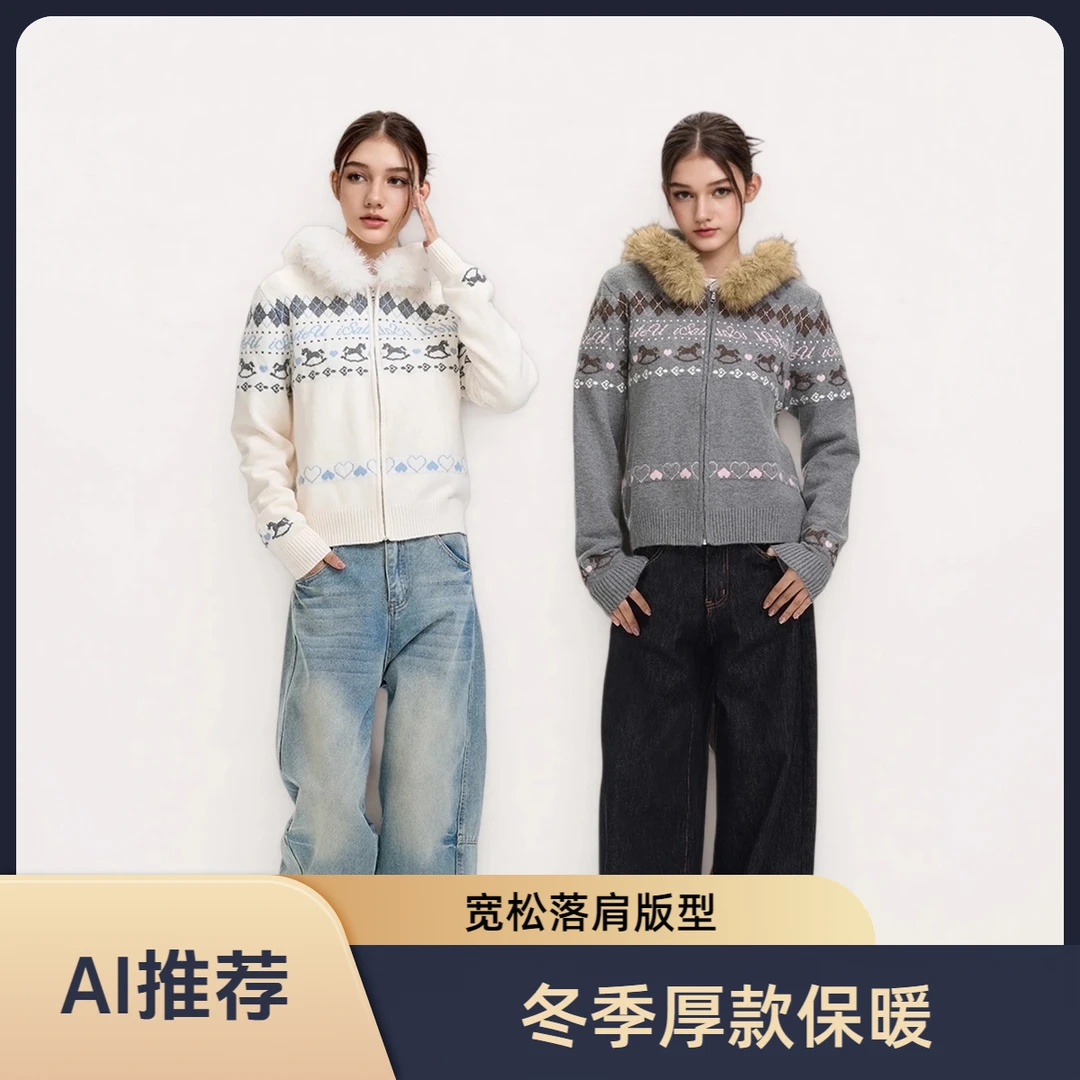 春晓Tsunchiao美式复古费尔岛毛衣连帽毛领外套秋冬宽松情侣上衣