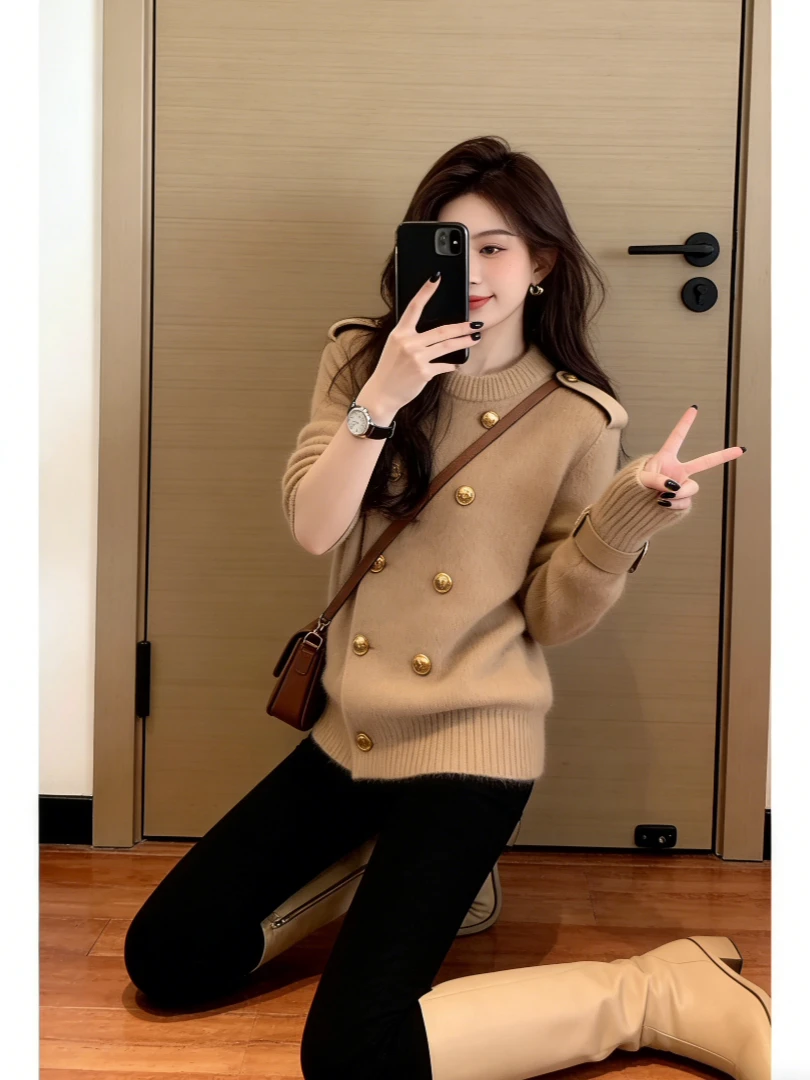 超好看独特漂亮韩系针织毛衣咖色冬装短款高级感绝美轻奢咖色上衣