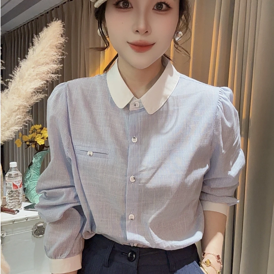 HUIHUI 时尚翻领单排扣长袖衬衫..