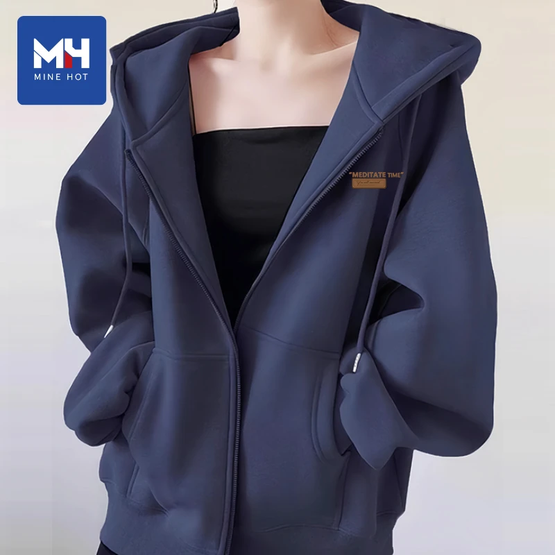 唐狮集团2025新款MH外套女春秋女士藏青慵懒风开衫穿搭连帽卫衣L