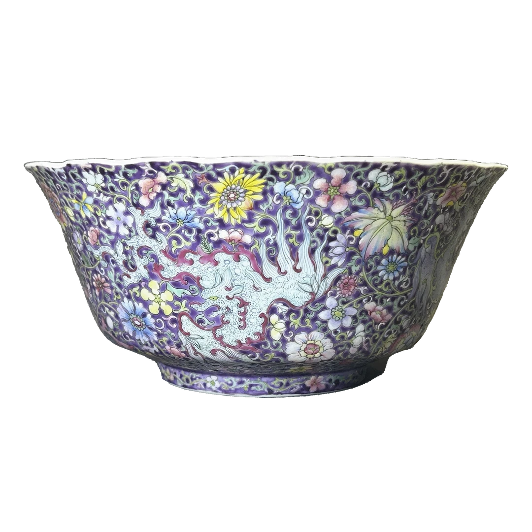 25048801x紫地粉彩夔凤纹花口碗