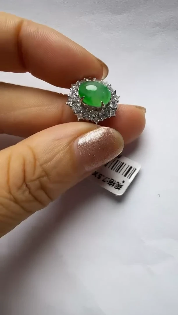 翡翠戒指银S925镶嵌925银镶缅甸A货翡翠戒指