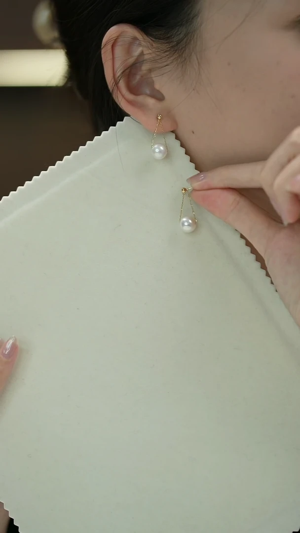 18K金镶嵌耳饰淡水珍珠白色秋千耳环9-10mm