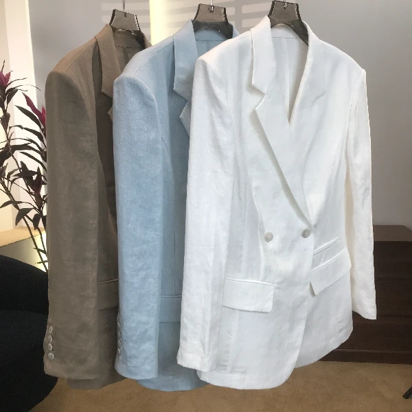 【溪语】夏季新款亚麻平驳领西装浅色系通勤显瘦百搭女士西服款