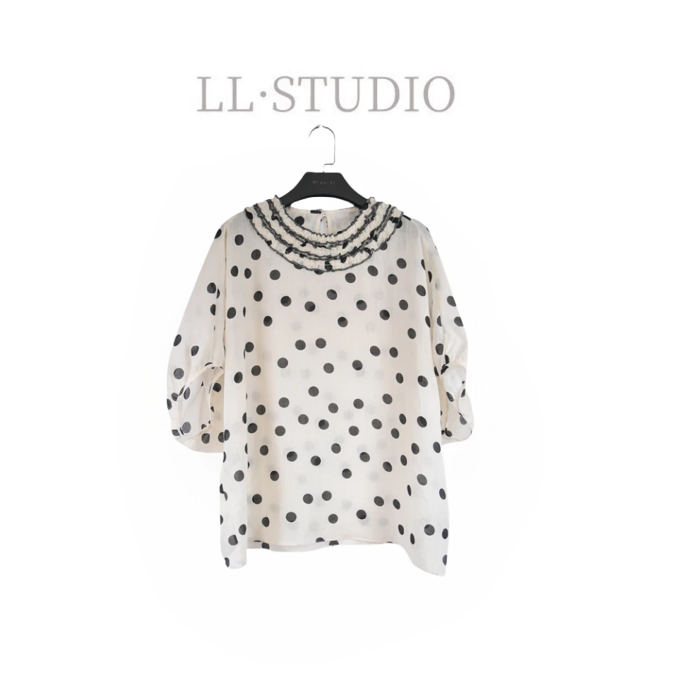 妙兮·LL夏季新款时尚气质百搭设计款波点蛋糕领打底衫*20250631