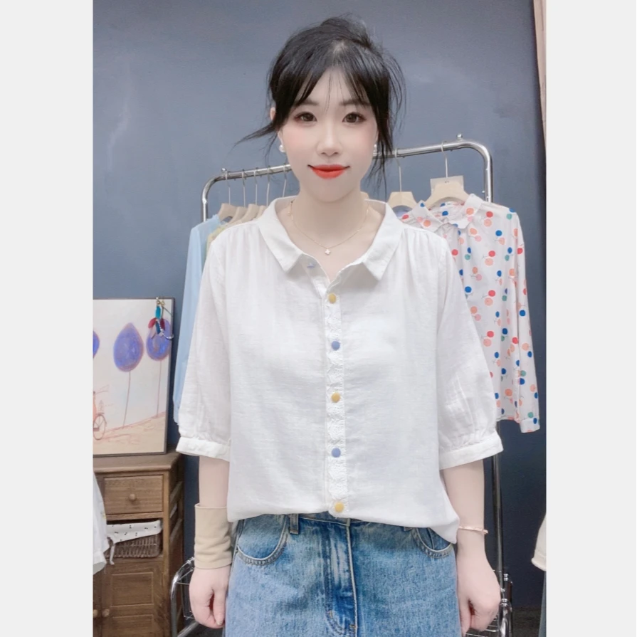 中袖衬衫 文艺小清新刺绣玫瑰花宽松大翻领双层棉纱全棉白衬衫女