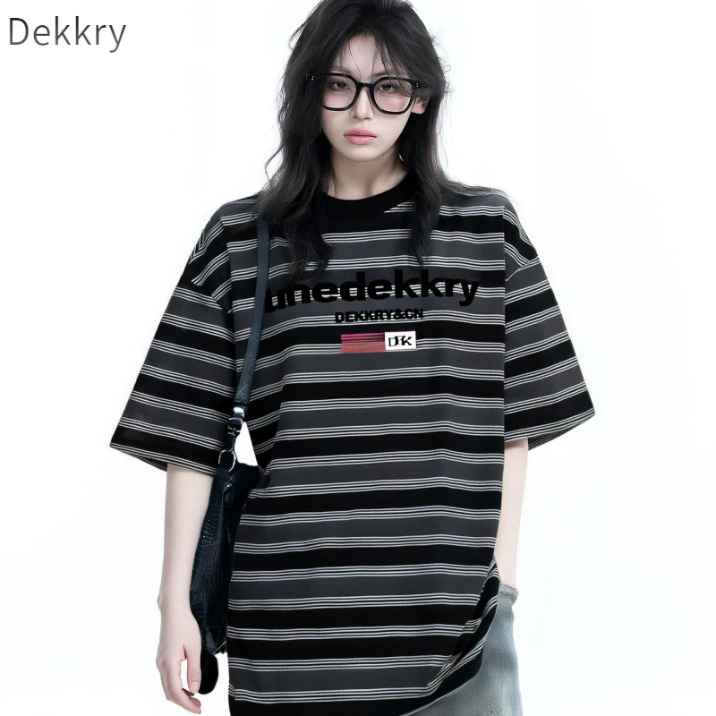 Dekkry美式街头风字母印花条纹短袖T恤男女春夏季小众个性休闲
