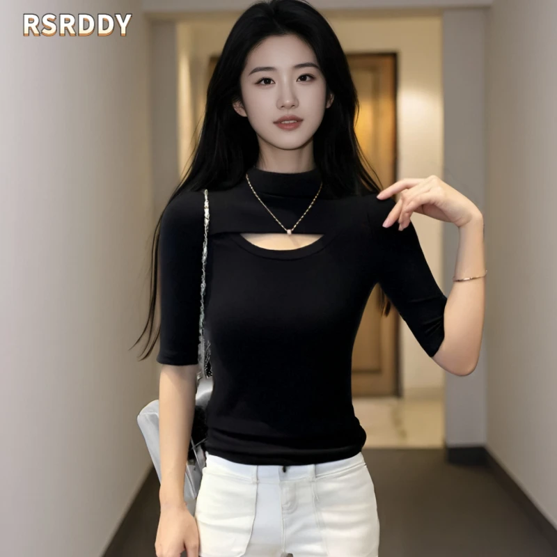 RSRDDY春夏新款半高领镂空中袖T恤女修身气质减龄打底衫百搭款女