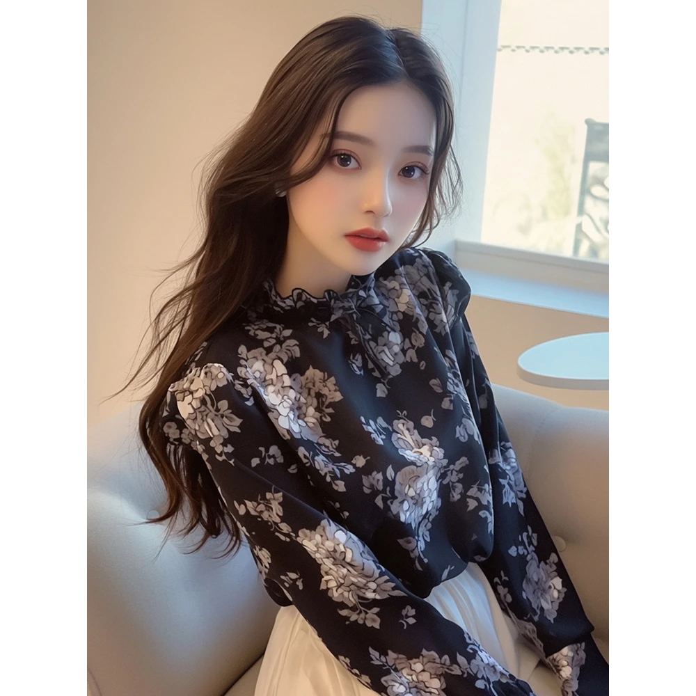 韩系chic别致今年流行漂亮上衣超好看黑色碎花雪纺长袖衬衫女秋季