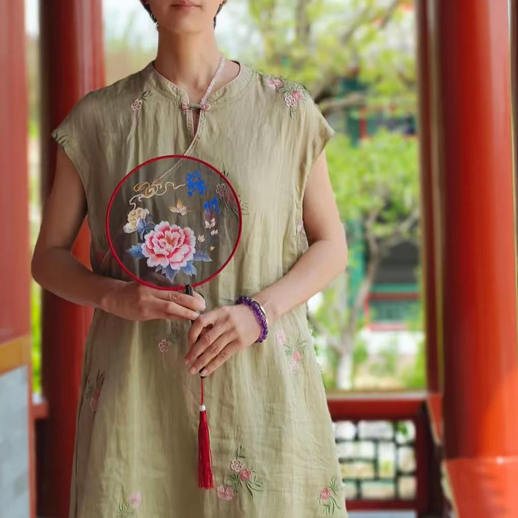 夏季连衣裙刺绣苎麻国风无袖旗袍