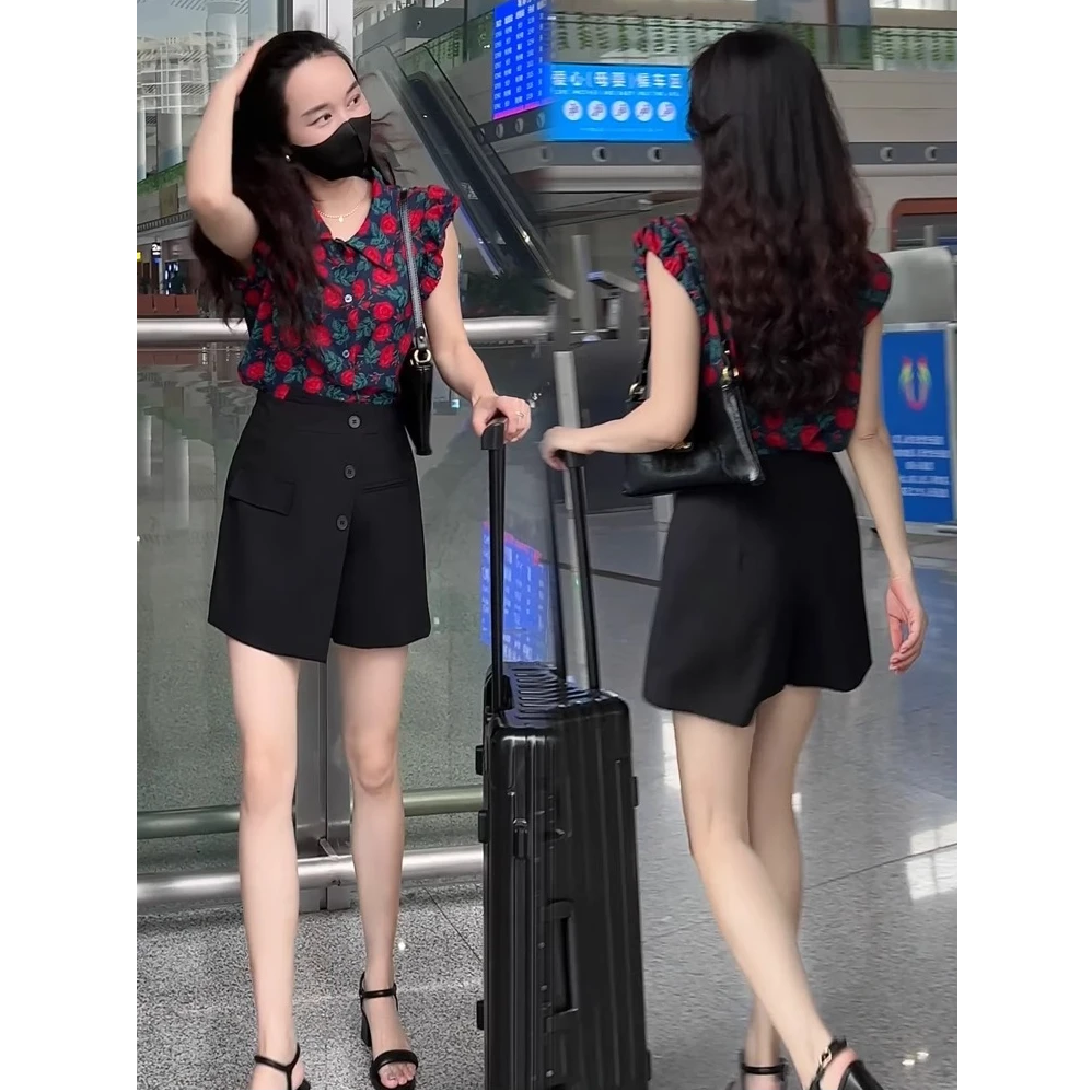 时尚套装女2025夏季今年流行洋气碎花雪纺衬衫高腰裤裙气质两件套