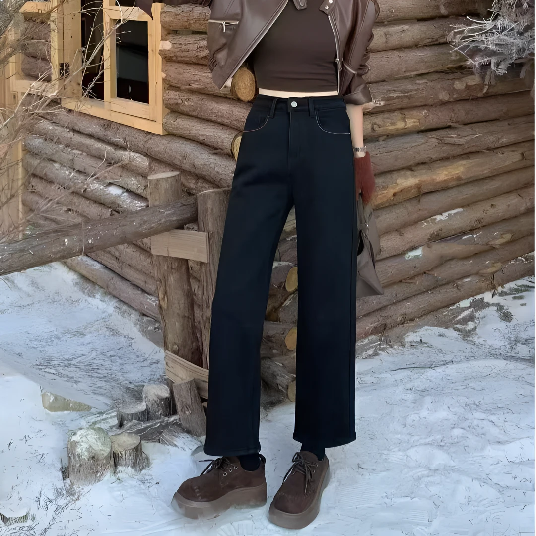 女款加绒高腰简约风牛仔裤1838