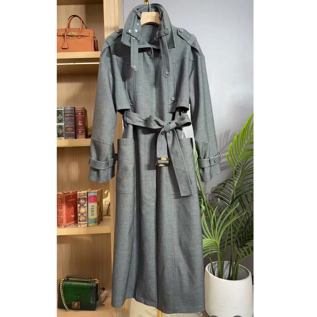 yz秋季新款韩版宽松休闲风衣外套女中长款设计感大版大衣2235