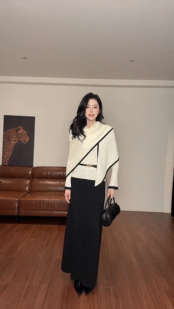 2025早秋新款女装韩系穿搭气质针织披肩上衣高腰显瘦A字半身长裙