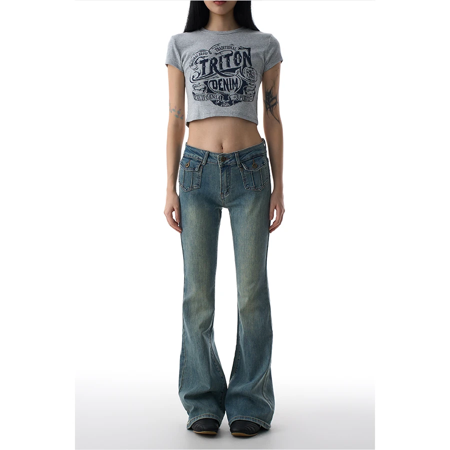 AGUA长腿比例杀设计感微喇牛仔裤女复古做旧弹力修身显瘦低腰长裤