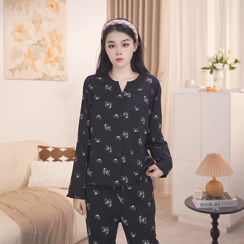 浪莎正品新款睡衣女士春秋季带胸垫长袖圆领舒适开衫薄款女家居服