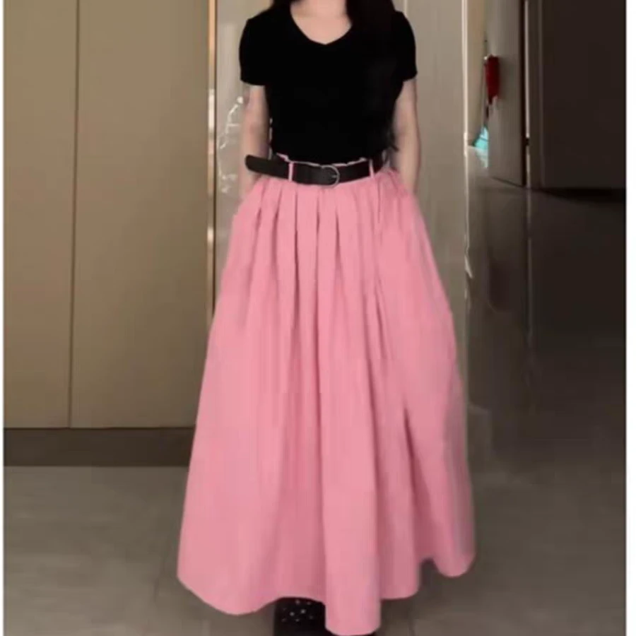 大码胖mm梨型身材穿搭一整套上衣女粉色半身裙显瘦两件套6093