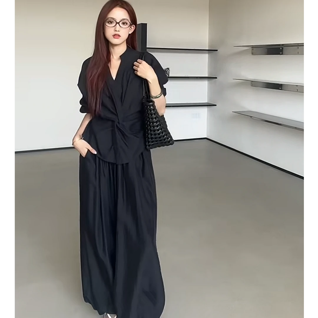 【泡菜】-气质春夏时尚百搭简约设计师韩系休闲黑色慵懒日常套装
