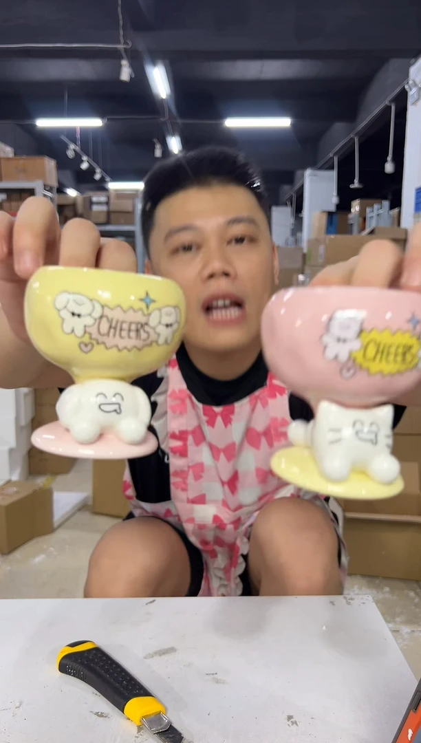 瓷片马克涂布猫狗小茶杯2件套