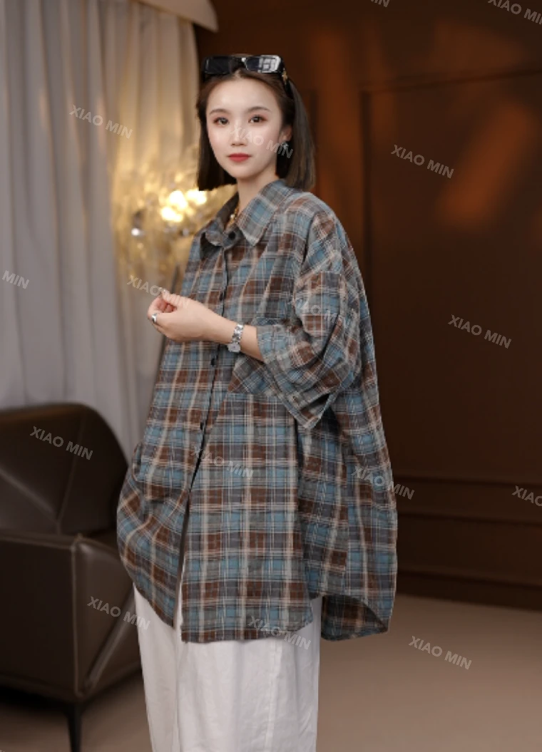 2025夏季新款休闲洋气复古显瘦棉麻格子衬衫女3310