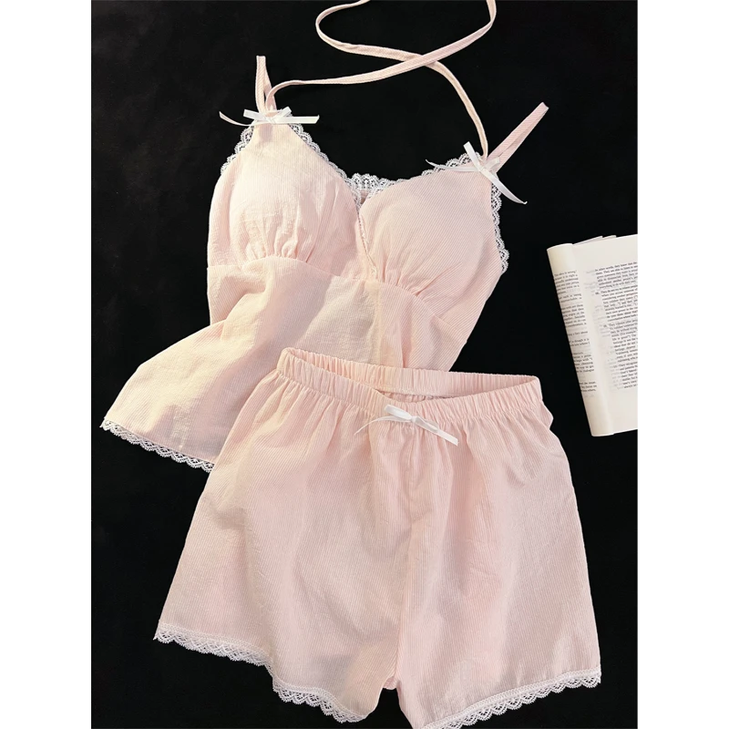 纯欲性感蕾丝边V领吊带睡衣两件套女夏季少女粉色背心短裤家居服