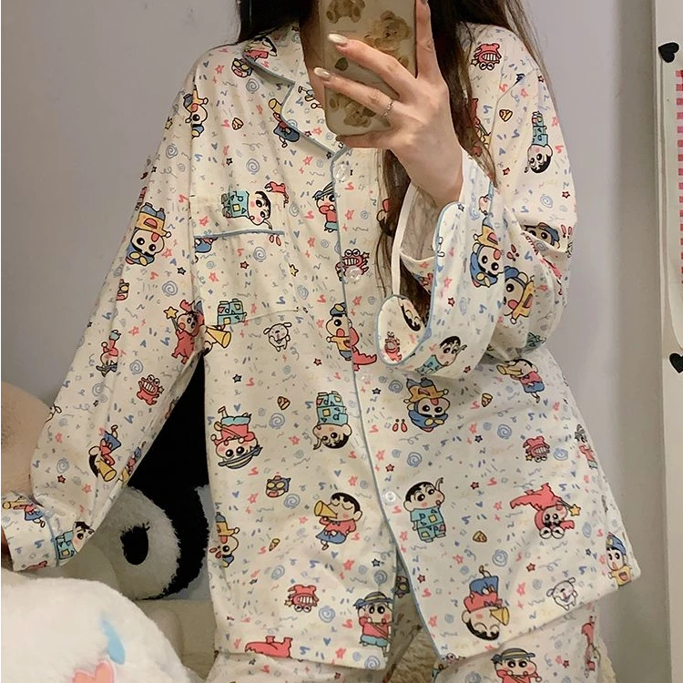 蜡笔小新同款睡衣女春秋季云朵棉大童高中生卡通长袖双长家居服