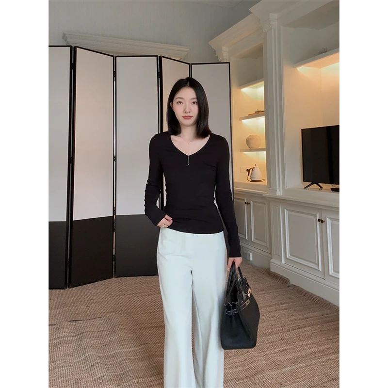 郭九九呢 棉气质百搭修身显瘦打底长袖t恤简约直筒长裤G925Y14475