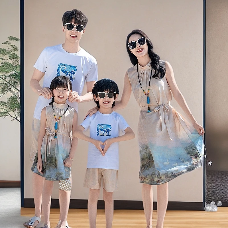旅游亲子装海边沙滩连衣裙套装一家三口四口夏装男童女童母女装