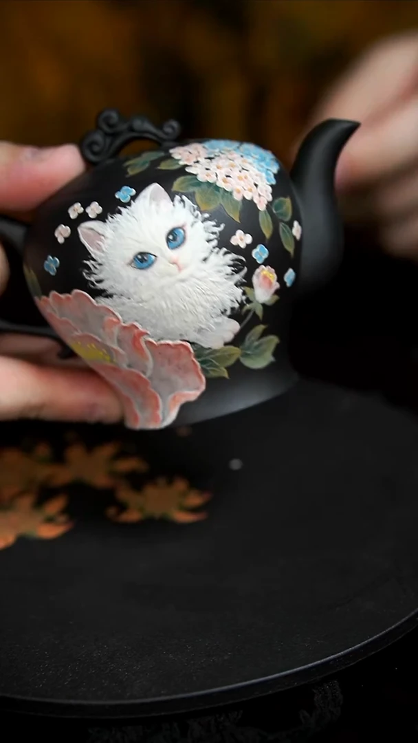 茶壶紫砂黑泥仙女猫壶